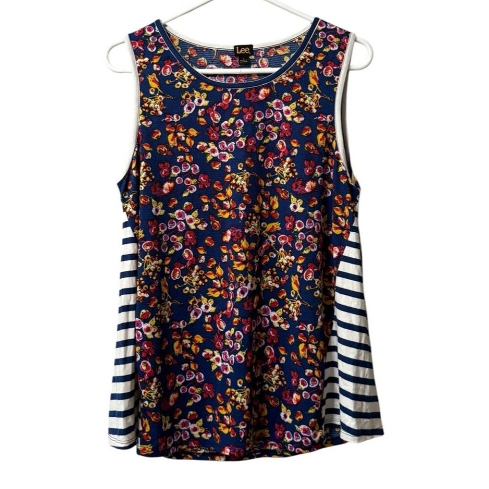 Lee Size‎ Large Floral Striped Blouse Blocked Style Sleeveless Top Blue Boho NWT